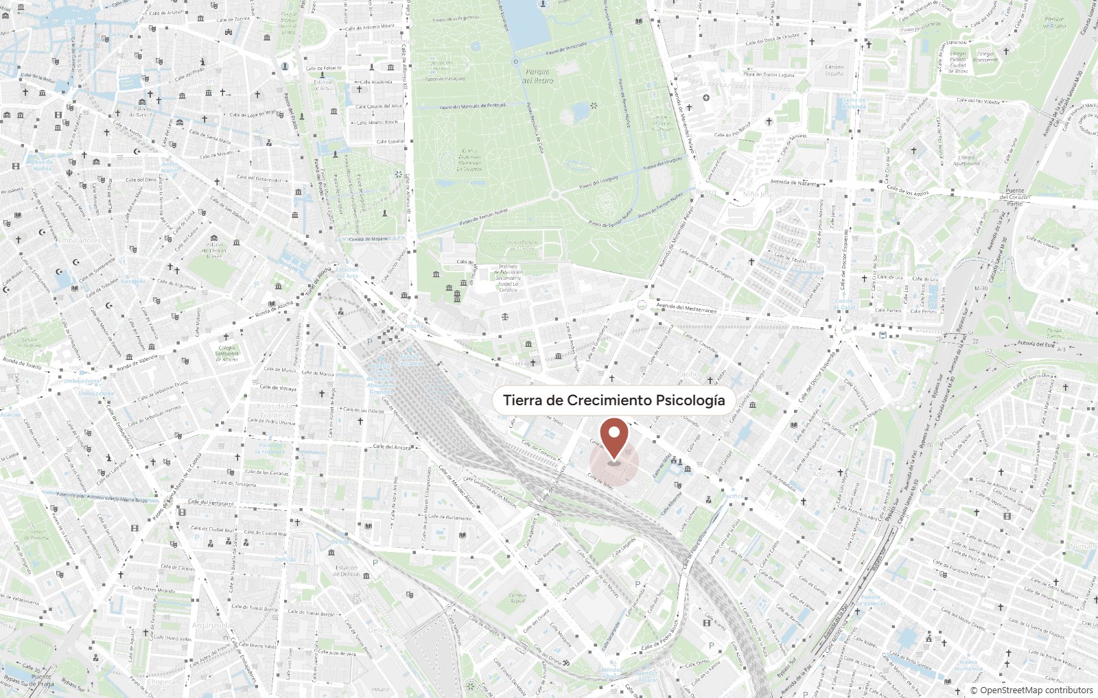 Mapa de la ubicación de Tierra de Crecimiento Psicología en C/ Téllez 22, Madrid, entre Atocha, Pacífico y el Retiro
